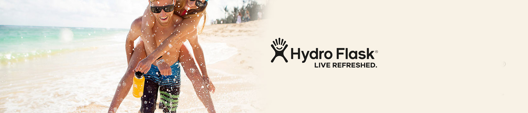 Hydro Flask header. Two people on the beach with their hydro flask bottles 