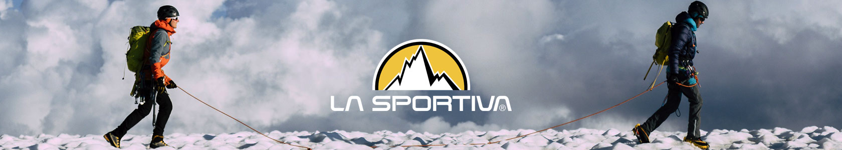 La Sportiva header. Two people hiking in the snow