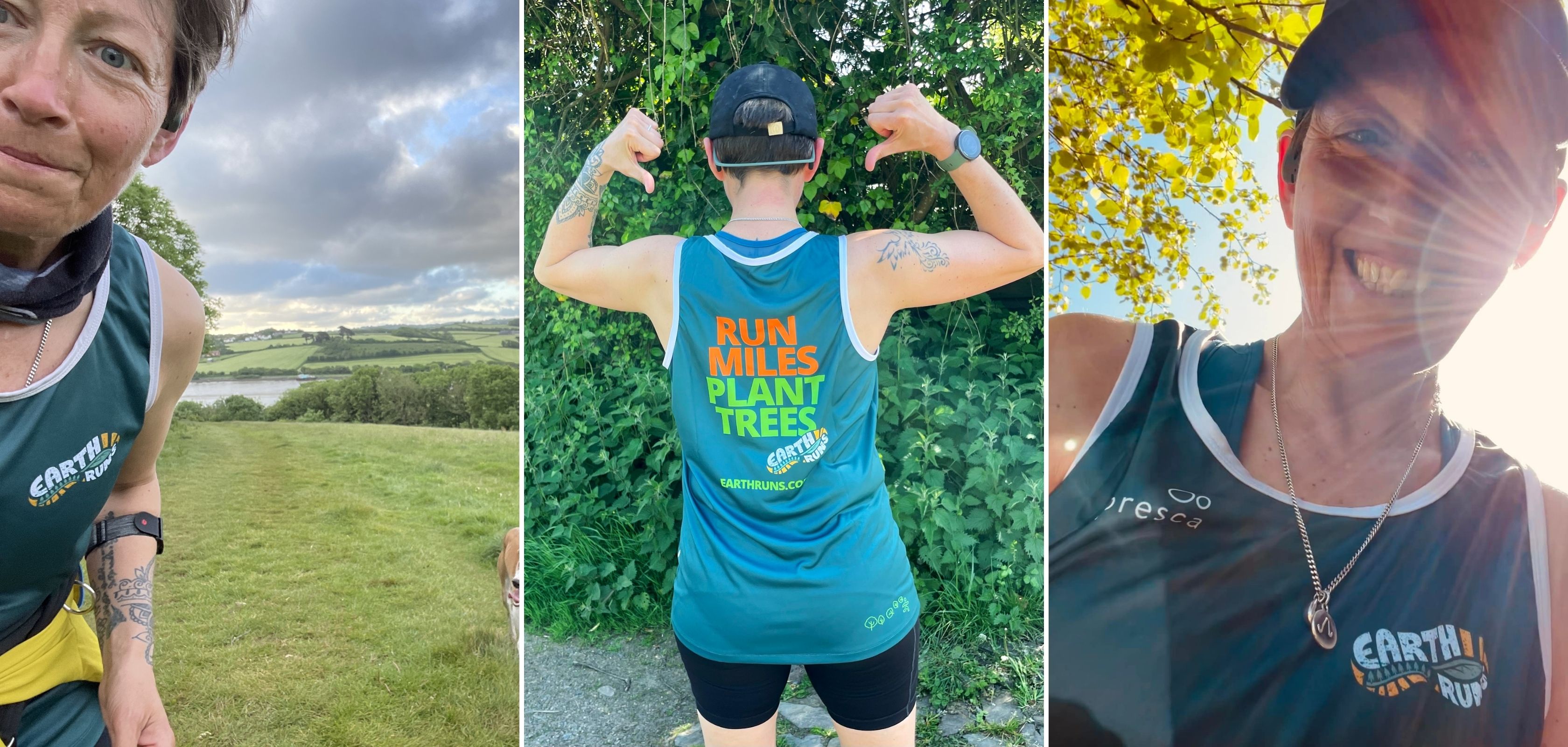 A collage of the founder of earth runs, Tash Acres, wearing her Earth Runs running top and other selfies of her outdoors