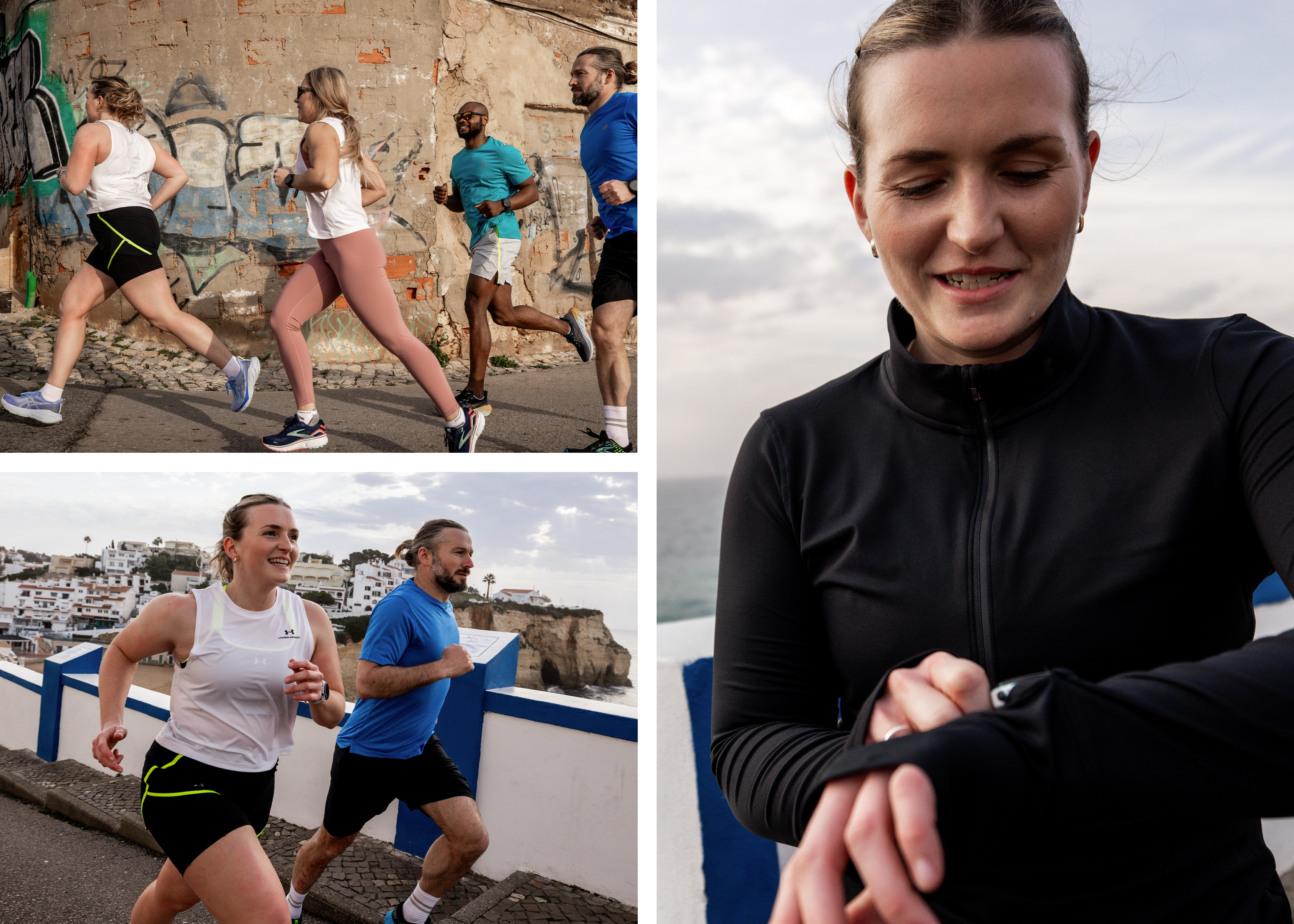 A collage of people running in the city with an inspirational quote