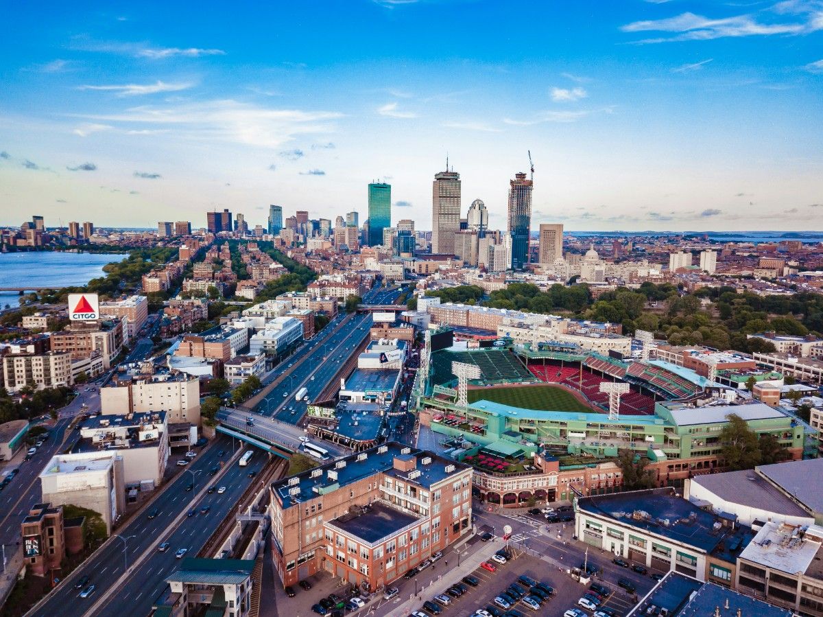 An aerial image of Boston, where the marathon is held 