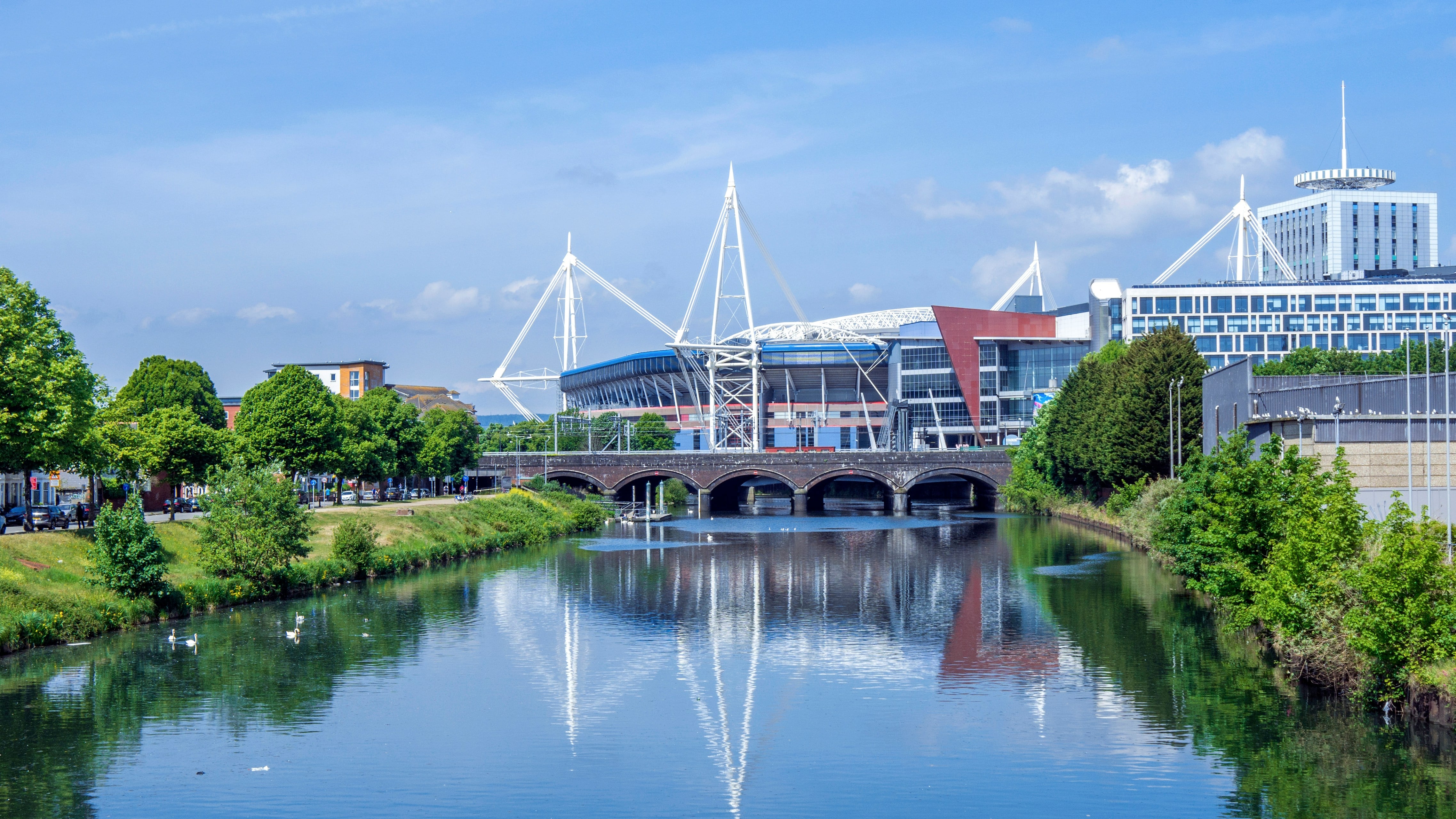 Cardiff Half Marathon. An image of the Principality Stadium in Cardiff taken from the River Taff 