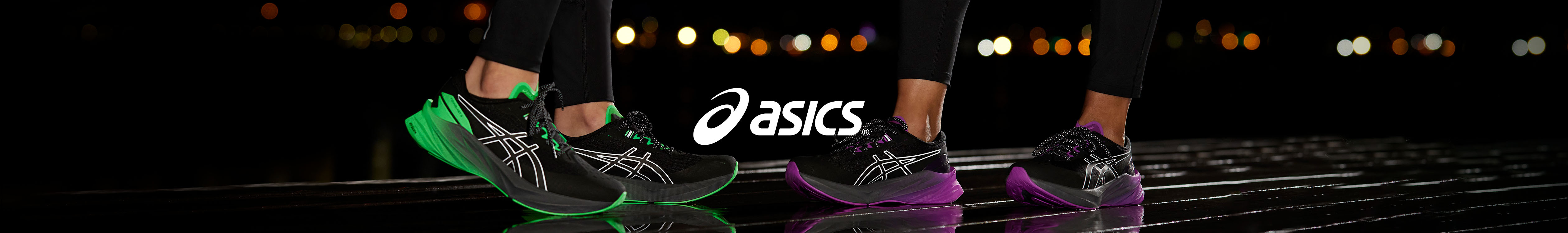 Asics Header. Two people wearing their Asics Novablast shoes 