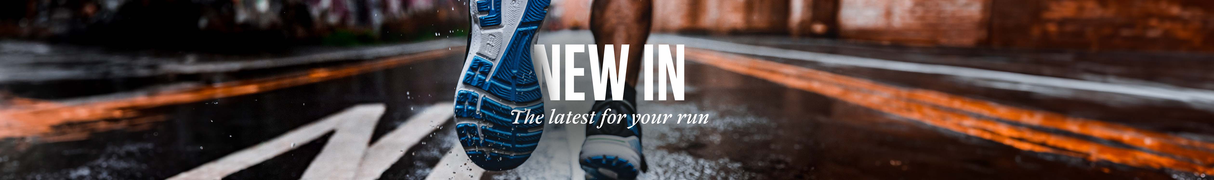 Shop New Arrivals, A close-up of running shoes on runner's feet