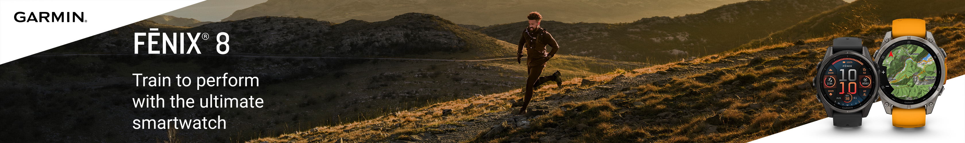 Shop Garmin Fenix 8. A man running on an open hill