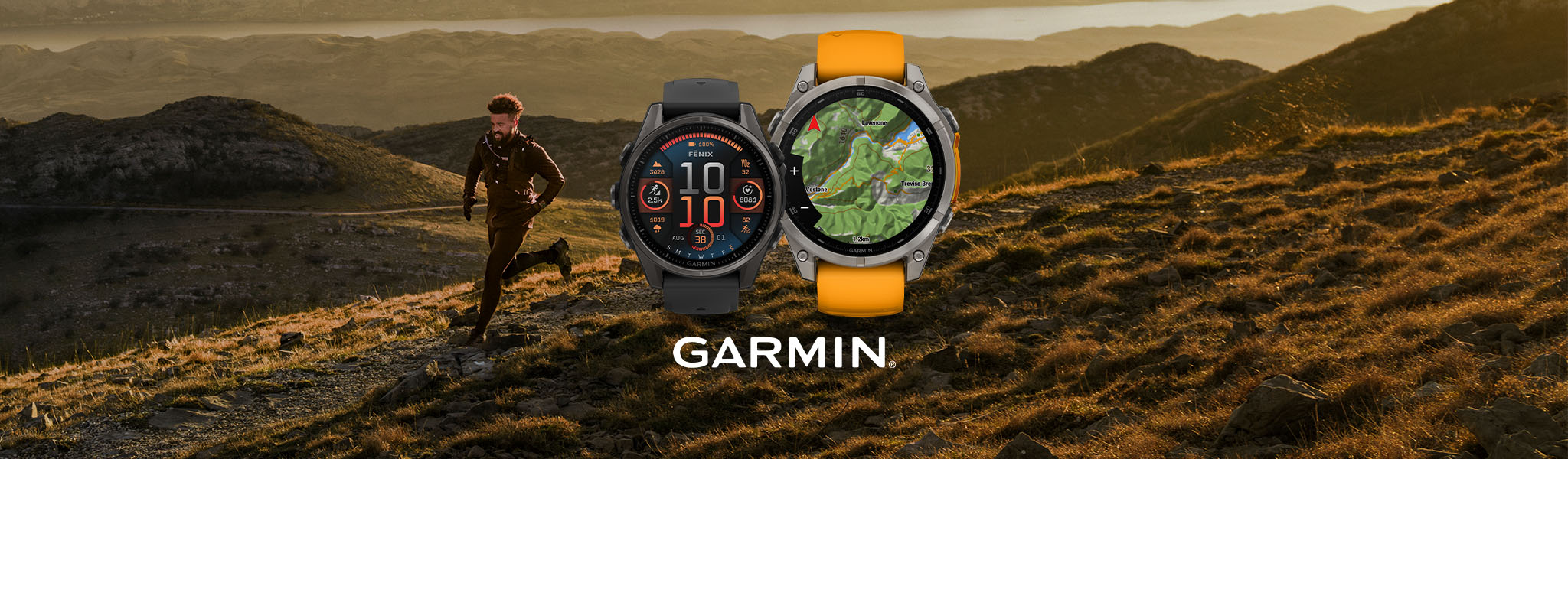 Shop Garmin Fenix 8. A man running on an open hill