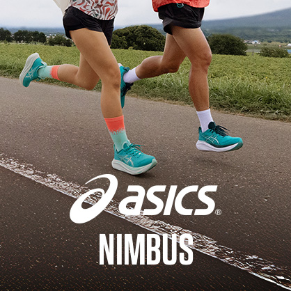 Shop Asics Nimbus 27. Two people running in their Asics shoes 