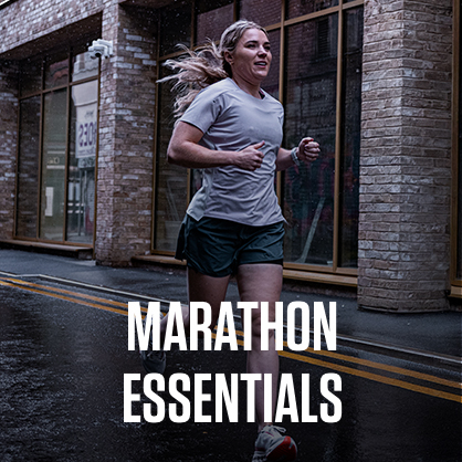 Shop marathon essentials. Woman running in the urban environment