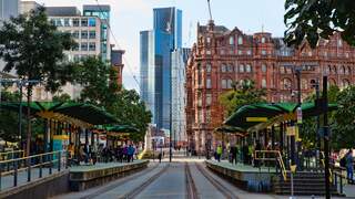 Manchester, UK - 20 October 2019: St Peter's Square Tram Stop showing both platforms